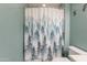 The bathroom is equipped with a large mirror, a toilet, and a shower with a decorative curtain at 11003 E Ravenna Cir, Mesa, AZ 85212