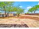 Large backyard features a trampoline, desert landscaping, a block wall, and mature trees under a blue sky at 12709 N El Frio St, El Mirage, AZ 85335