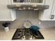 Close up of a stainless steel stovetop with a decorative plate and a blue pot at 12753 W Vista Paseo Dr, Litchfield Park, AZ 85340