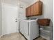 Laundry room with side-by-side washer and dryer and built-in shelving units at 15237 S 19Th Way, Phoenix, AZ 85048