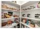 Organized pantry with white shelves holding a variety of food items and household goods in baskets and jars at 22962 N 182Nd Ln, Surprise, AZ 85387