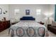 Comfortable bedroom features a cozy bed with a stylish blue headboard and wall art at 4044 E Dawson E Dr, Chandler, AZ 85249