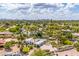 High aerial of the home with pool, lush landscaping, and mature trees at 6112 E Jenan Dr, Scottsdale, AZ 85254