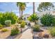 Landscaped front yard features a walkway winding through lush plants and desert foliage at 6112 E Jenan Dr, Scottsdale, AZ 85254