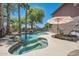Backyard pool and spa surrounded by palm trees, rock features, and mature trees at 6350 S Four Peaks Pl, Chandler, AZ 85249
