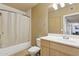 This cozy bathroom offers a bath/shower combo, toilet, and light wood vanity at 7575 E Indian Bend Rd # 1137, Scottsdale, AZ 85250