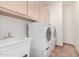 Well-lit laundry room with a utility sink, washer, dryer, and ample storage cabinets for added convenience at 9203 E Topeka Dr, Scottsdale, AZ 85255