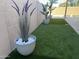 A landscaped backyard area features lush artificial turf and stylish potted plants at 9853 W Pontiac Dr, Peoria, AZ 85382