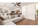 Spacious living room showcasing hardwood floors, recessed lighting, and a seamless flow to the kitchen at 16227 N 63Rd Pl, Scottsdale, AZ 85254