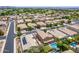 An aerial view showcases neighborhood homes featuring lush greenery and refreshing swimming pools in the backyard at 1876 E Azalea Ct, Gilbert, AZ 85298