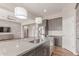 Kitchen view, large island with stainless steel sink, wood-look flooring and sleek gray cabinets and counters at 21031 E Poco Calle St, Queen Creek, AZ 85142