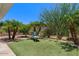 Landscaped backyard featuring artificial turf, palm trees, and a relaxing chaise lounge at 4649 E Sourwood Dr, Gilbert, AZ 85298