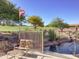 Backyard pool with mature trees, desert landscaping, and American flag at 5023 S Dusty Coyote Trl, Gold Canyon, AZ 85118