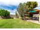 A spacious backyard features a lush green lawn, desert landscaping, and covered patio area with comfortable seating at 6902 E Cypress St, Scottsdale, AZ 85257