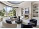 Bright living room featuring a stone fireplace, curved sofa, accent chairs, and a garden view at 8815 N 65Th St, Paradise Valley, AZ 85253