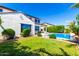 Beautiful backyard features a well-manicured lawn, pool, and covered patio at 9677 W Patrick Ln, Peoria, AZ 85383