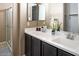 Bathroom featuring dual sinks, dark cabinets, and a separate shower area at 1367 S Country Club Dr # 1127, Mesa, AZ 85210