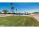 Picturesque community pond with palm trees and scenic views, enhancing the neighborhood's appeal at 16747 W Berkeley Rd, Goodyear, AZ 85395