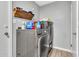 Functional laundry room featuring modern appliances and overhead shelving at 1914 W Onza Ave, Mesa, AZ 85202