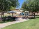 Community playground with picnic tables, a covered seating area, and mature trees at 21059 E Pickett St, Queen Creek, AZ 85142
