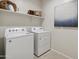 Functional laundry room with new white washer and dryer and decorative baskets on the shelf above at 22570 N Lynn St, Maricopa, AZ 85138