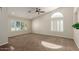 Light-filled living room with neutral carpet, white plantation shutters, and an arched transom window at 4335 E Enrose St, Mesa, AZ 85205