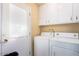 Functional laundry room with white appliances, cabinets, and an exterior door at 13823 N 99Th Dr, Sun City, AZ 85351