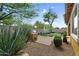 Backyard features an outdoor kitchen, stone patio, well-kept landscaping, and desert plants at 19291 E Thornton Rd, Queen Creek, AZ 85142
