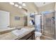 Bathroom featuring a glass-enclosed shower, neutral tile, and a large mirror over a single vanity at 19291 E Thornton Rd, Queen Creek, AZ 85142