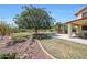 Beautiful backyard with a covered patio, manicured lawn, mature shade trees, and rock landscaping at 2726 S 160Th Ave, Goodyear, AZ 85338