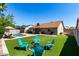 Spacious backyard with pool, patio seating, and well-maintained artificial turf at 4316 E Janice Way, Phoenix, AZ 85032