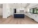 Modern kitchen with white cabinets, a blue island, stainless steel appliances, and hardwood floors at 5440 E Calle Camelia --, Phoenix, AZ 85018