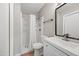 Clean bathroom featuring a shower with a white curtain, toilet, and modern vanity with mirror at 1307 E Broadmor Dr, Tempe, AZ 85282