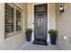 Close-up of the elegant front door with black planters and stylish hardware at 15501 W Camino Real Way, Surprise, AZ 85374