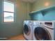 Laundry room with a window, shelving, and modern washer and dryer appliances at 19321 N Tara Lane Ln, Maricopa, AZ 85138
