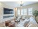 Inviting living room featuring a stone fireplace, a ceiling fan, and views of the surrounding neighborhood at 4700 S Fulton Ranch Blvd # 62, Chandler, AZ 85248