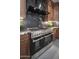 Close-up view of the modern stainless steel oven and range, accompanied by custom wood cabinets and marble backsplash at 7590 W Firebird Dr, Glendale, AZ 85308