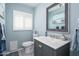Charming bathroom featuring a vanity with framed mirror and plantation shutters at 8419 E Stella Ln, Scottsdale, AZ 85250