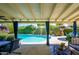 Beautiful outdoor space features a sparkling pool and covered patio with comfortable seating at 8419 E Stella Ln, Scottsdale, AZ 85250