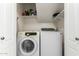 Bright laundry room with shelving and new washer and dryer units at 8755 E Portobello Ave, Mesa, AZ 85212