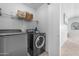 The laundry room has a washer and dryer with a wire rack shelf above for storage at 23693 W Grove St, Buckeye, AZ 85326