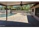 Covered back patio with a view of the fenced pool area and lush backyard landscaping at 5514 E Pershing Ave, Scottsdale, AZ 85254