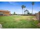 Picture of a backyard with ample lawn space and mature palm trees, providing shade and a tropical feel at 665 S Balboa --, Mesa, AZ 85206