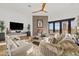 Spacious living room with stone fireplace, modern decor, and access to outdoor living spaces at 9301 E Via Montoya --, Scottsdale, AZ 85255