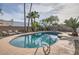 Private backyard with a refreshing pool, mature palm trees, and lounge chairs, perfect for relaxation and enjoyment at 15841 N 23Rd Pl, Phoenix, AZ 85022