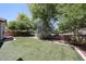 This backyard includes artificial turf and mature trees, all bordered by fencing and landscaping at 7126 W Ocotillo Rd, Glendale, AZ 85303