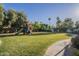 Backyard with play structure, grassy area, mature trees and landscaping at 7471 E Northern Ave, Scottsdale, AZ 85258