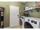 Modern laundry room with front-load washer and dryer, ample shelving, and neutral tones at 5810 E Nora St, Mesa, AZ 85215