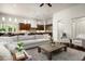 Expansive living room with a large sofa, fireplace, open layout, and seamless connection to the kitchen at 8240 E Wingspan Way, Scottsdale, AZ 85255