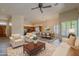 Open-concept living space featuring plush seating, a dining area, and a kitchen with modern appliances at 9562 E Cavalry Dr, Scottsdale, AZ 85262